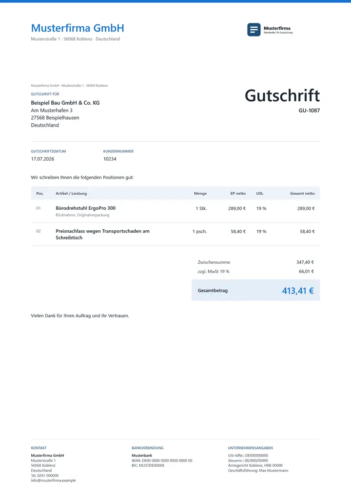 Muster Gutschrift im Design OfficeOmni Kontor, Seite 1, erzeugt mit OfficeOmni