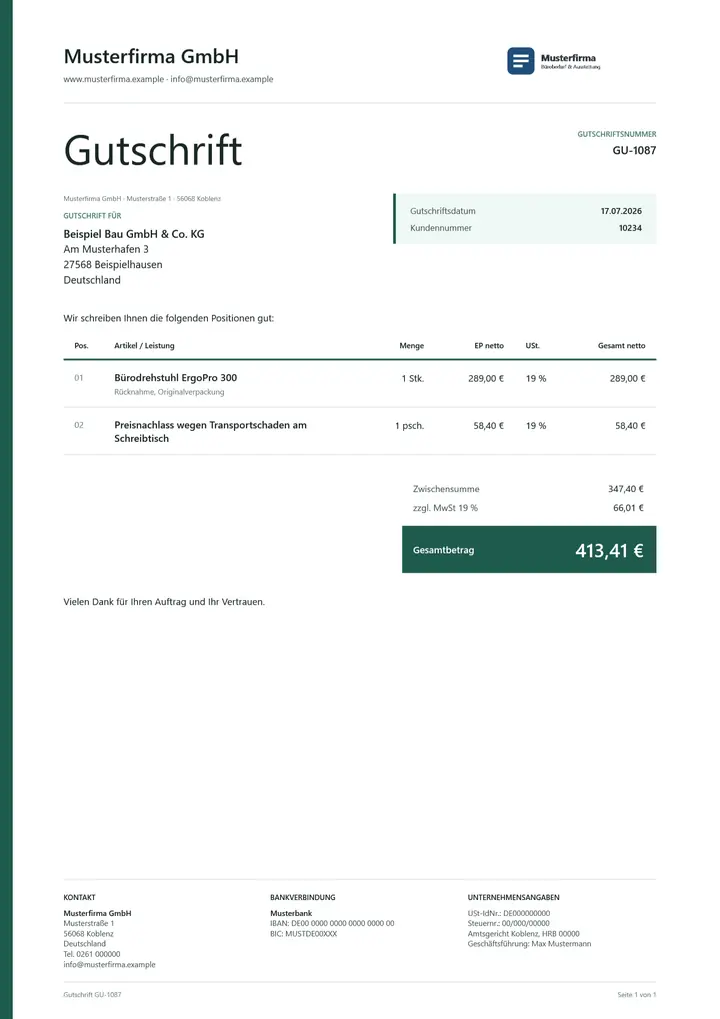 Muster Gutschrift im Design OfficeOmni Linie, Seite 1, erzeugt mit OfficeOmni