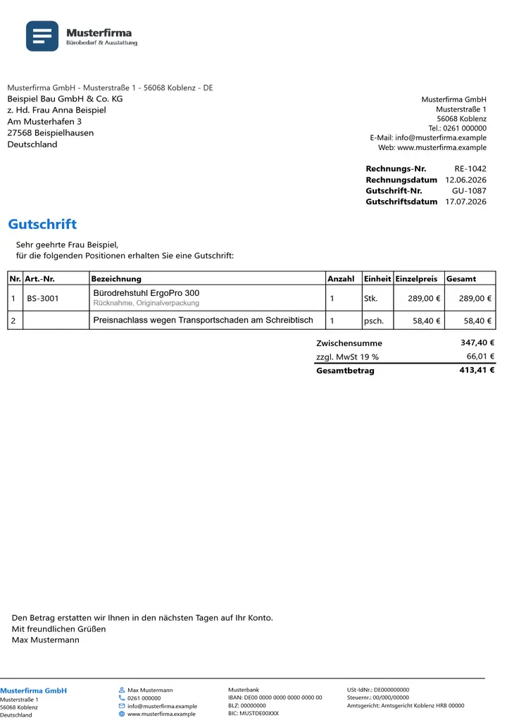 Muster Gutschrift im Design Standard, Seite 1, erzeugt mit OfficeOmni