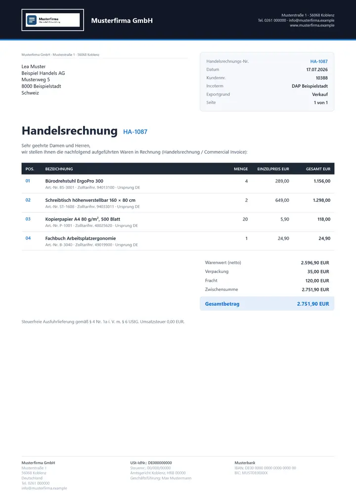 Muster Handelsrechnung im Design OfficeOmni Premium-Belegdesign, Seite 1, erzeugt mit OfficeOmni