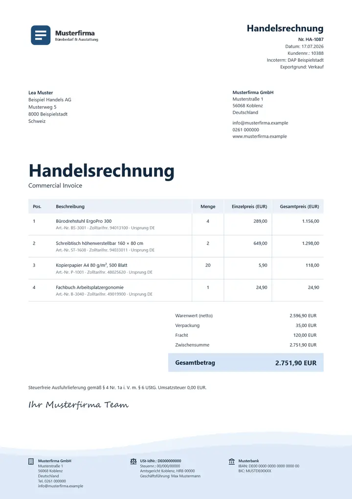 Muster Handelsrechnung im Design OfficeOmni Brise, Seite 1, erzeugt mit OfficeOmni