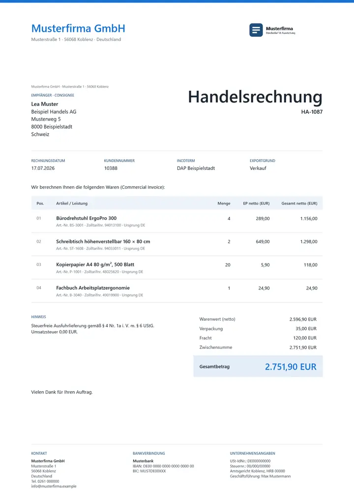 Muster Handelsrechnung im Design OfficeOmni Kontor, Seite 1, erzeugt mit OfficeOmni