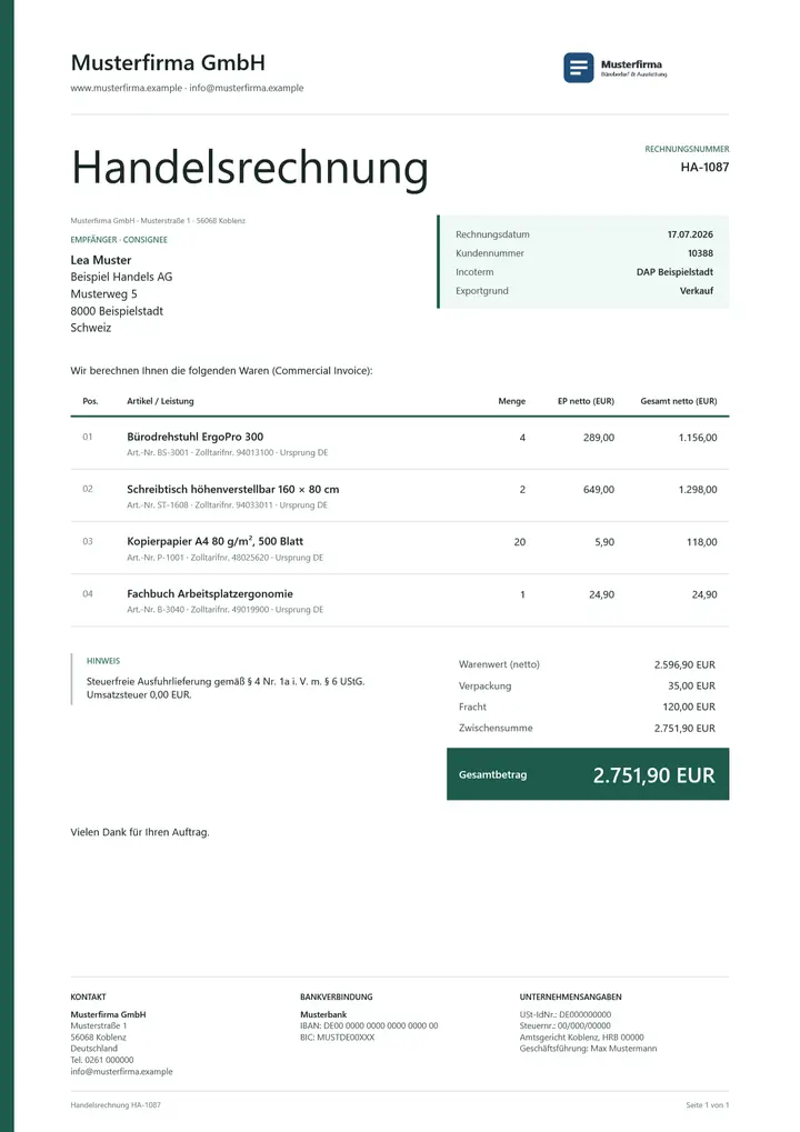 Muster Handelsrechnung im Design OfficeOmni Linie, Seite 1, erzeugt mit OfficeOmni