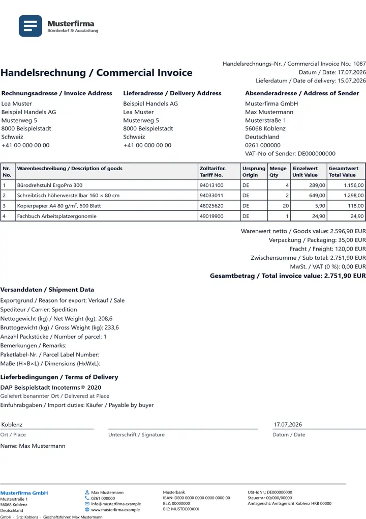 Muster Handelsrechnung im Design Standard, Seite 1, erzeugt mit OfficeOmni