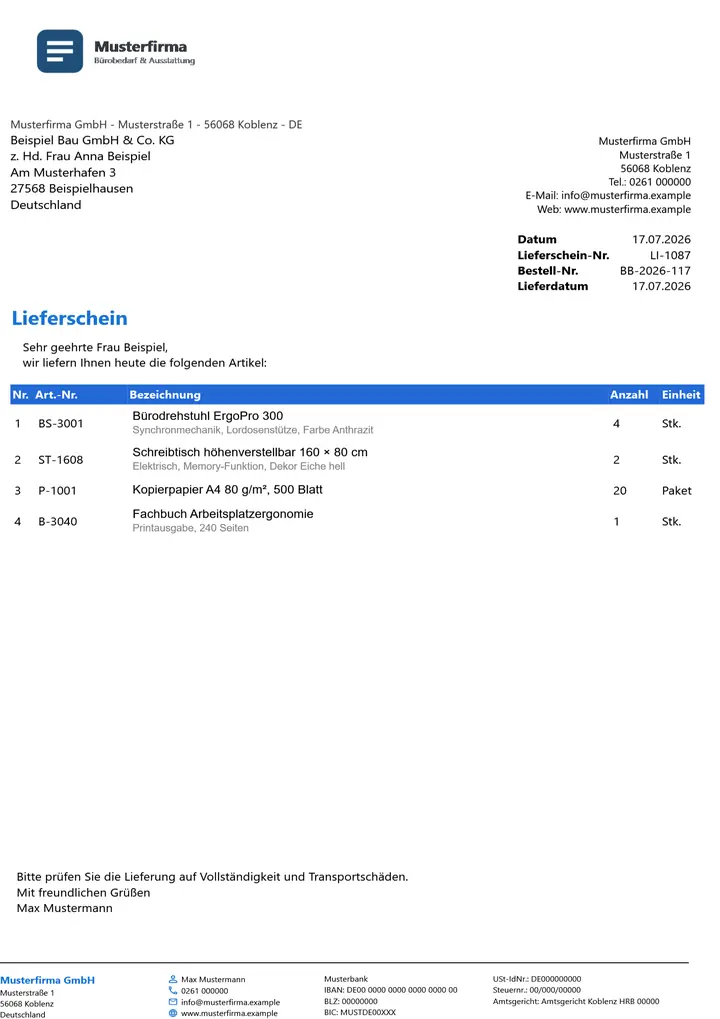 Muster Lieferschein im Design Business Blau, Seite 1, erzeugt mit OfficeOmni