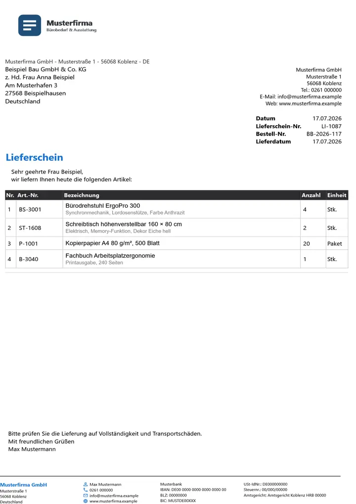 Muster Lieferschein im Design Dark, Seite 1, erzeugt mit OfficeOmni