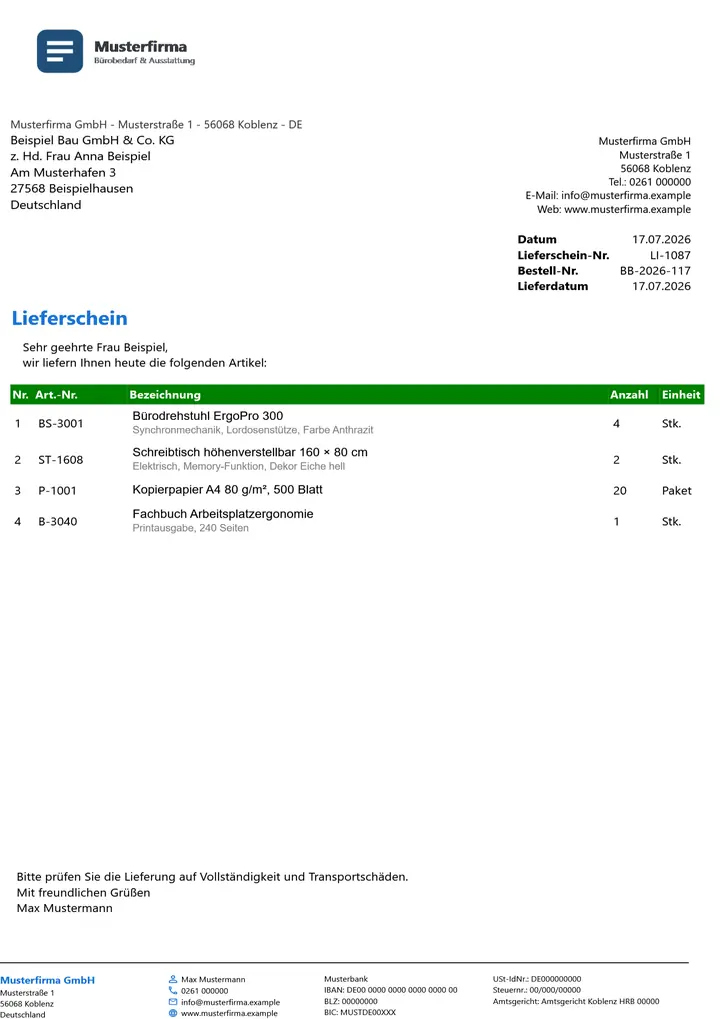 Muster Lieferschein im Design Green Akzent, Seite 1, erzeugt mit OfficeOmni