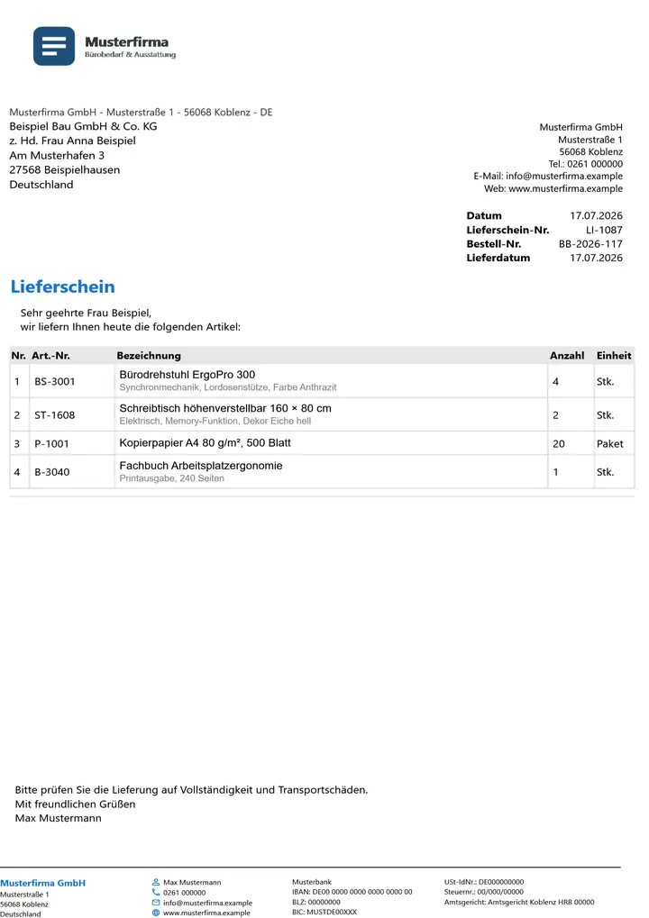 Muster Lieferschein im Design Minimal Grau, Seite 1, erzeugt mit OfficeOmni