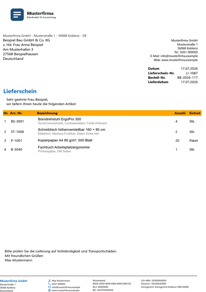Muster Lieferschein im Design Orange Akzent, Seite 1, erzeugt mit OfficeOmni