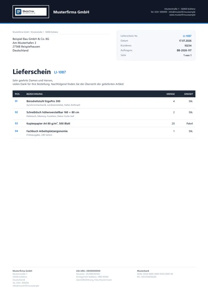 Muster Lieferschein im Design OfficeOmni Premium-Belegdesign, Seite 1, erzeugt mit OfficeOmni