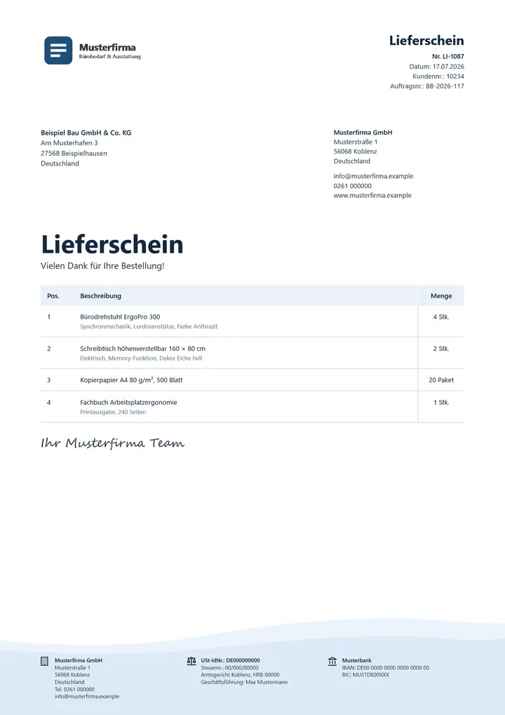 Muster Lieferschein im Design OfficeOmni Brise, Seite 1, erzeugt mit OfficeOmni