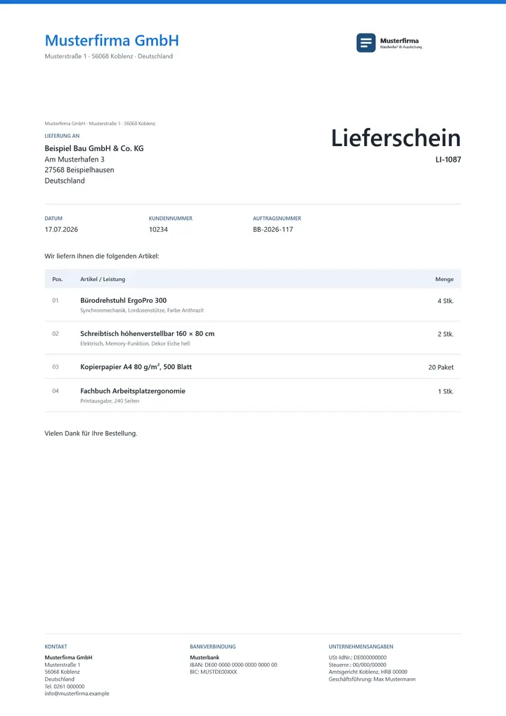 Muster Lieferschein im Design OfficeOmni Kontor, Seite 1, erzeugt mit OfficeOmni