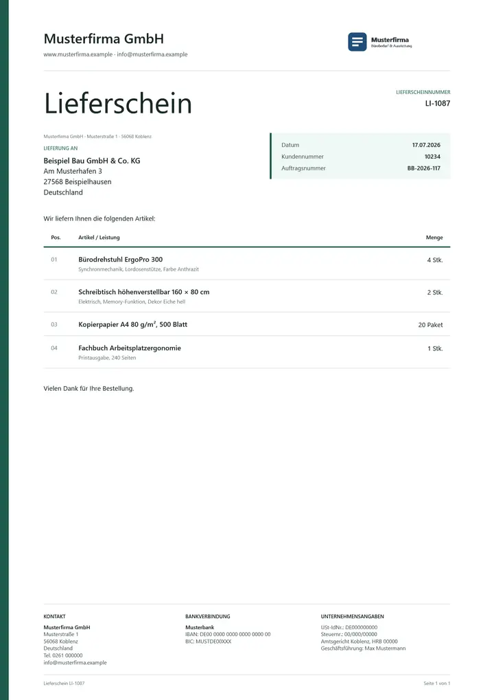 Muster Lieferschein im Design OfficeOmni Linie, Seite 1, erzeugt mit OfficeOmni