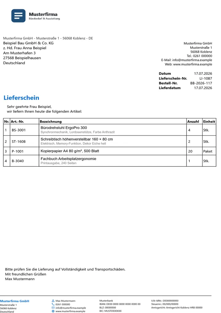 Muster Lieferschein im Design Standard, Seite 1, erzeugt mit OfficeOmni
