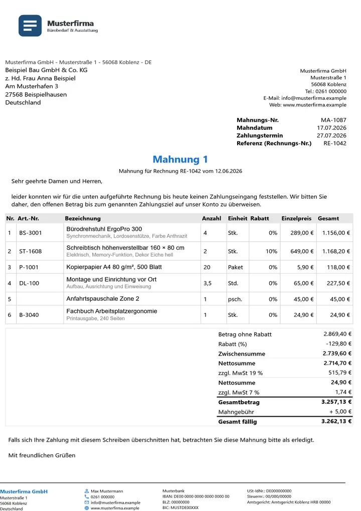 Muster Mahnung im Design Minimal Grau, Seite 1, erzeugt mit OfficeOmni