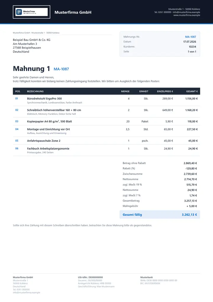 Muster Mahnung im Design OfficeOmni Premium-Belegdesign, Seite 1, erzeugt mit OfficeOmni