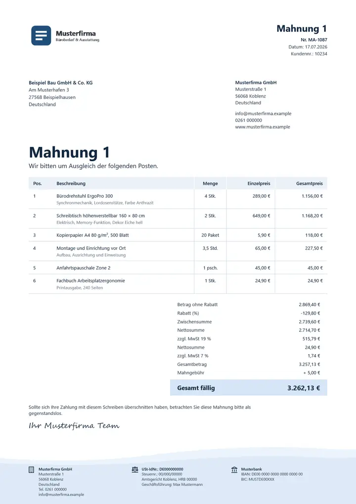 Muster Mahnung im Design OfficeOmni Brise, Seite 1, erzeugt mit OfficeOmni
