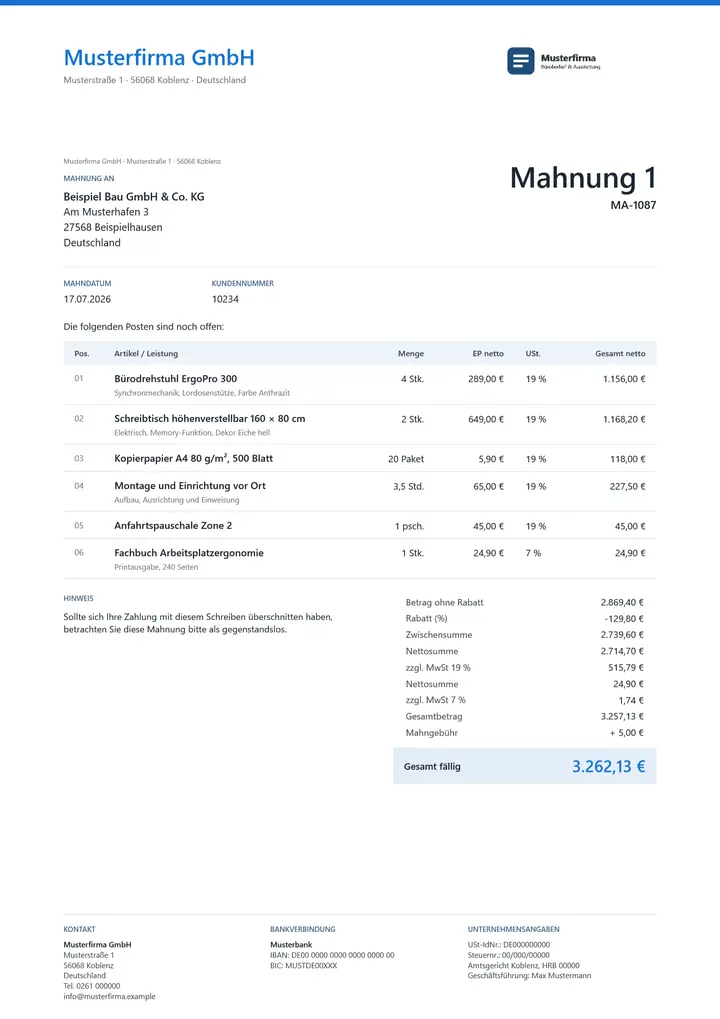 Muster Mahnung im Design OfficeOmni Kontor, Seite 1, erzeugt mit OfficeOmni