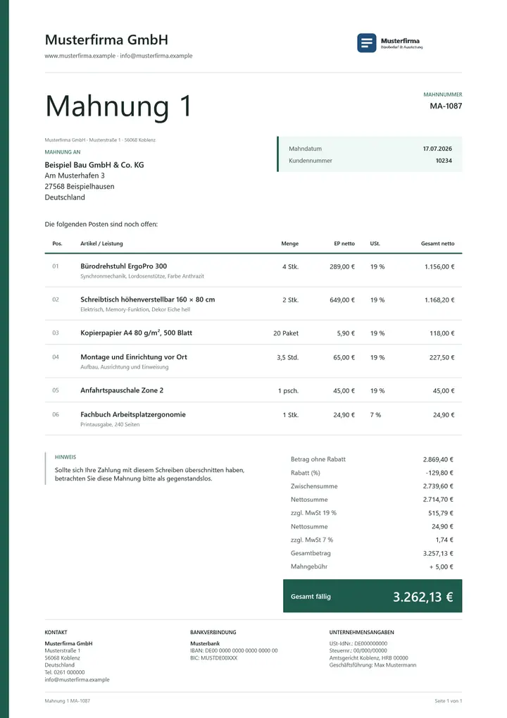 Muster Mahnung im Design OfficeOmni Linie, Seite 1, erzeugt mit OfficeOmni