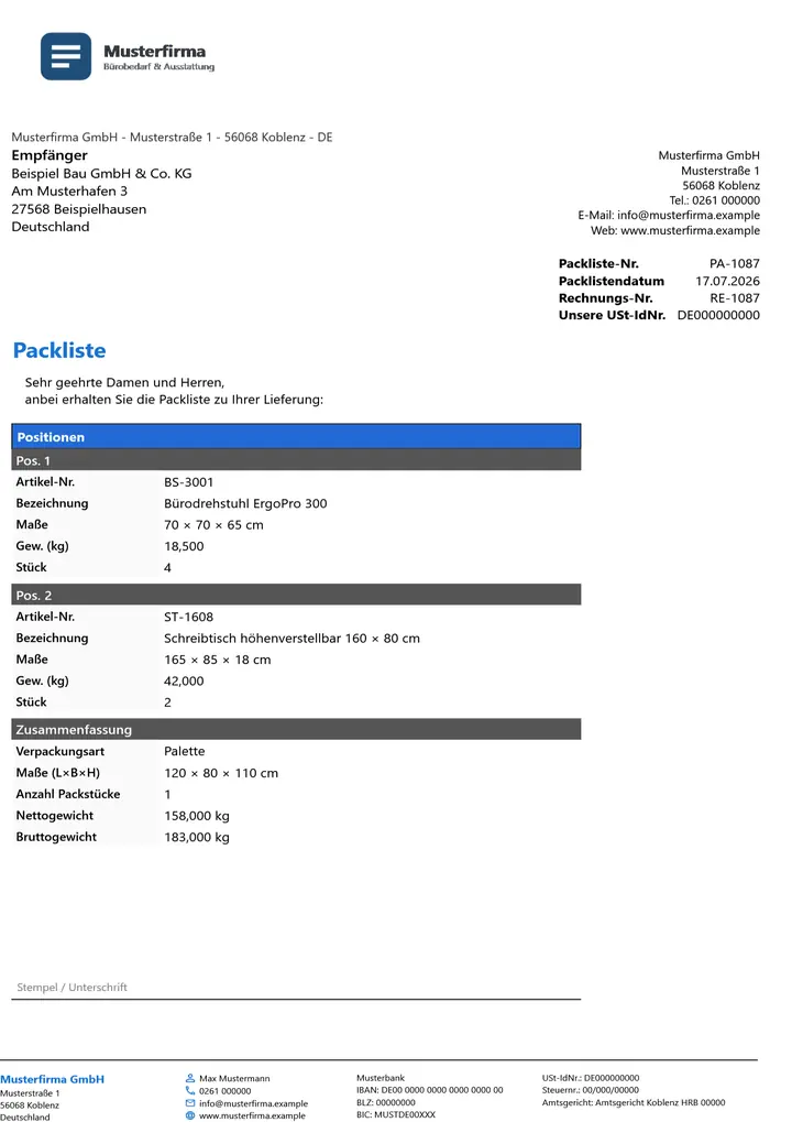 Muster Packliste im Design Business Blau, Seite 1, erzeugt mit OfficeOmni