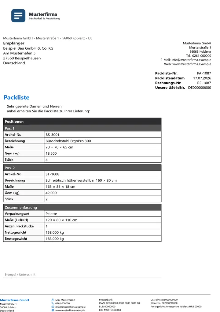 Muster Packliste im Design Dark, Seite 1, erzeugt mit OfficeOmni