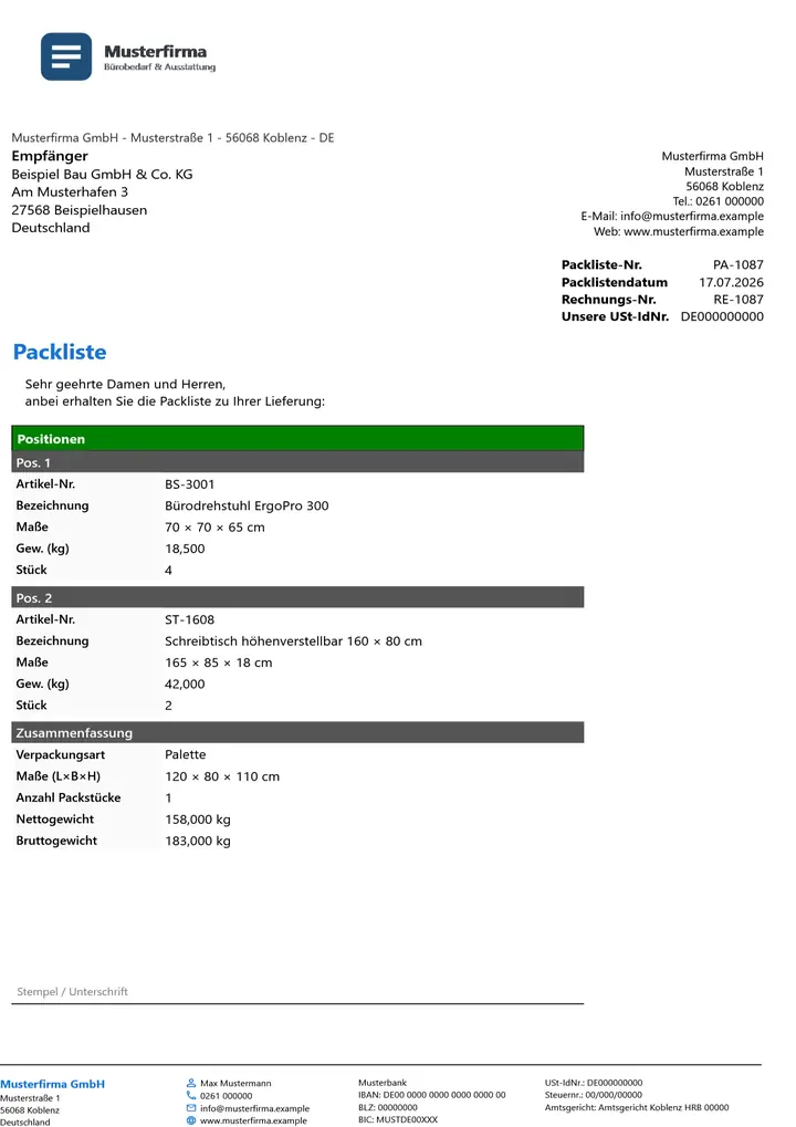 Muster Packliste im Design Green Akzent, Seite 1, erzeugt mit OfficeOmni
