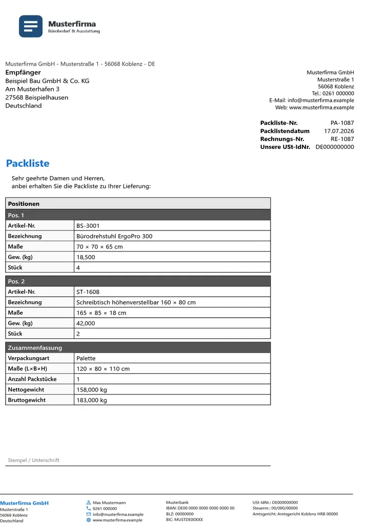 Muster Packliste im Design Minimal Grau, Seite 1, erzeugt mit OfficeOmni