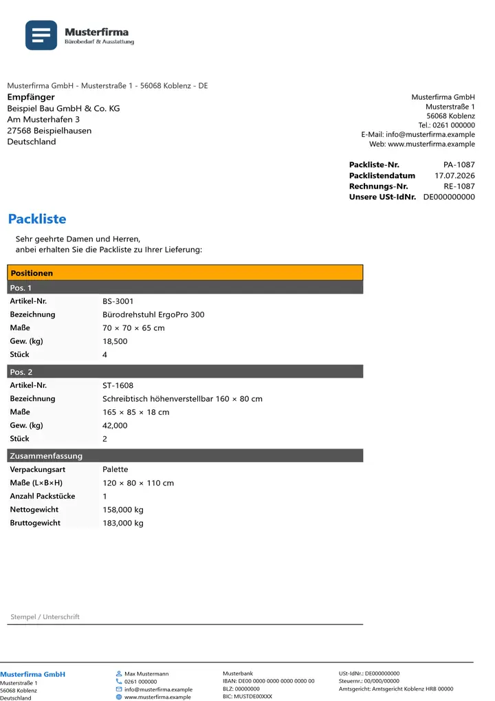 Muster Packliste im Design Orange Akzent, Seite 1, erzeugt mit OfficeOmni