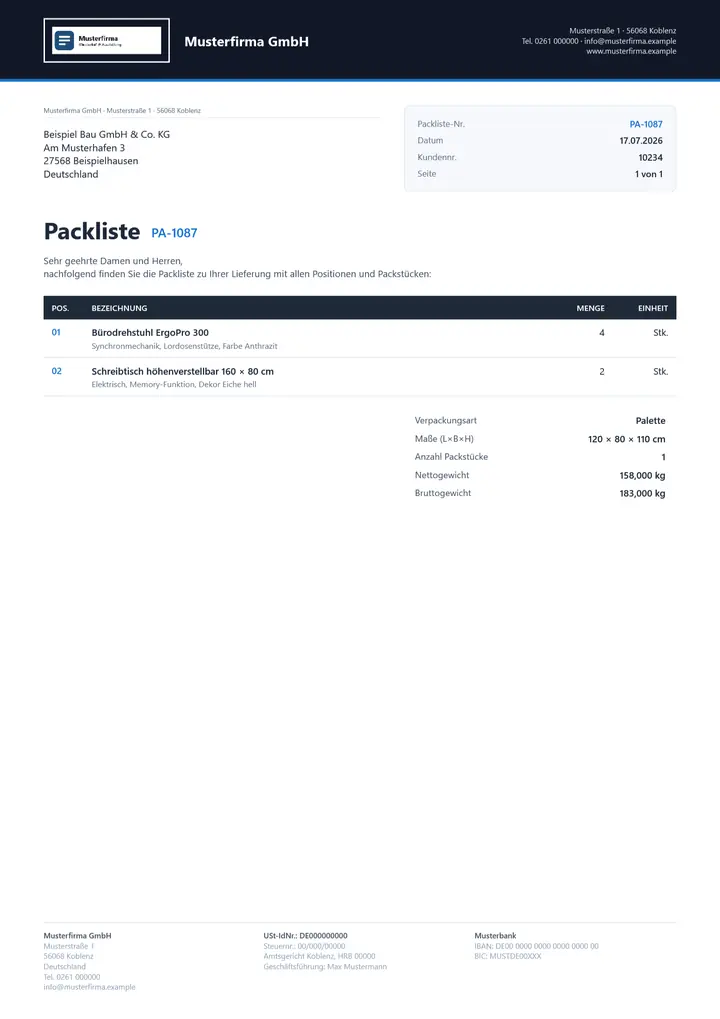 Muster Packliste im Design OfficeOmni Premium-Belegdesign, Seite 1, erzeugt mit OfficeOmni