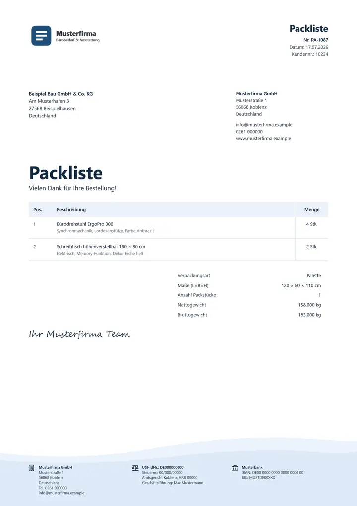 Muster Packliste im Design OfficeOmni Brise, Seite 1, erzeugt mit OfficeOmni