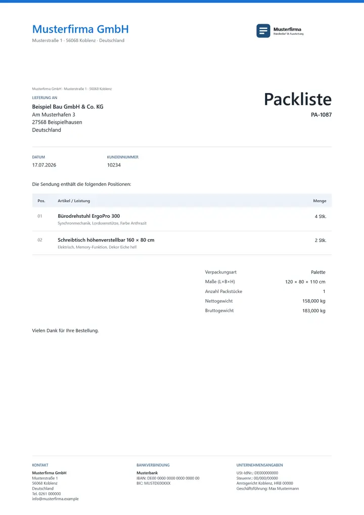 Muster Packliste im Design OfficeOmni Kontor, Seite 1, erzeugt mit OfficeOmni