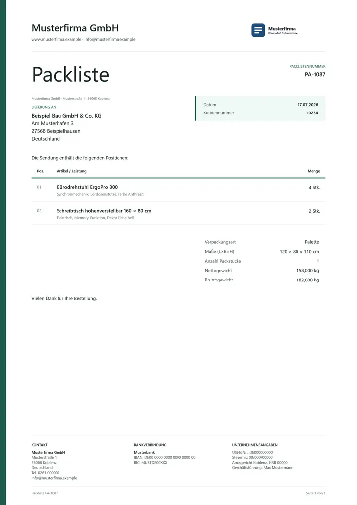 Muster Packliste im Design OfficeOmni Linie, Seite 1, erzeugt mit OfficeOmni