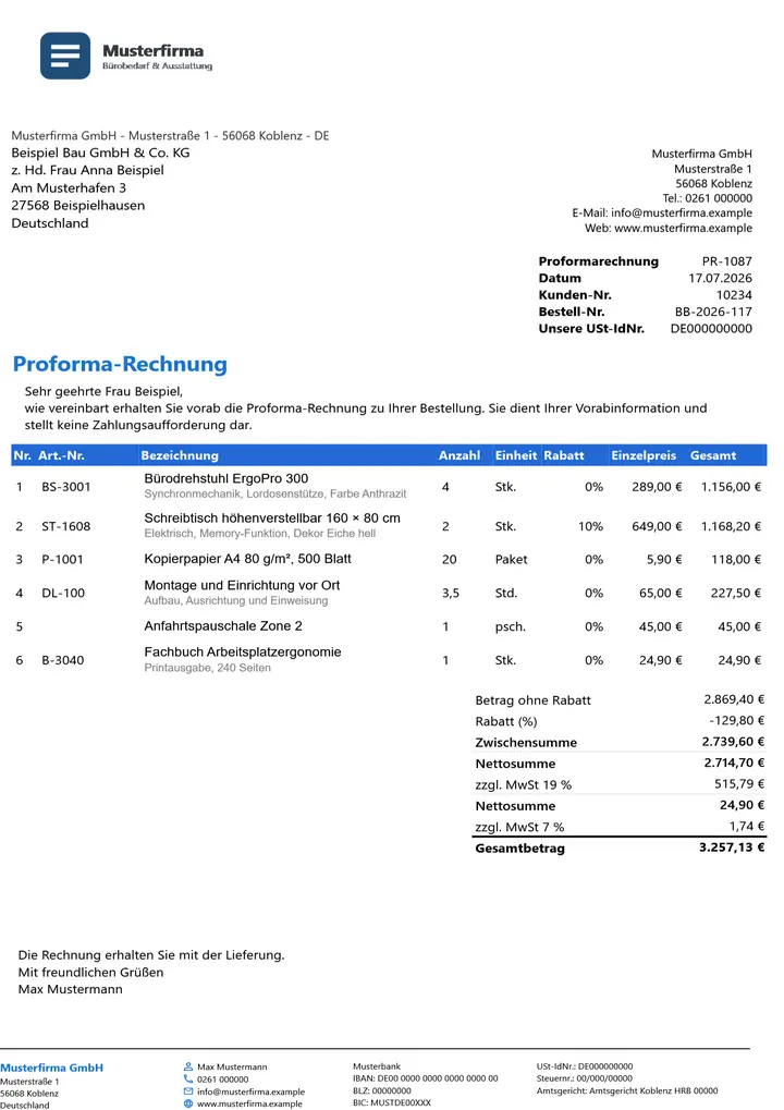Muster Proforma-Rechnung im Design Business Blau, Seite 1, erzeugt mit OfficeOmni
