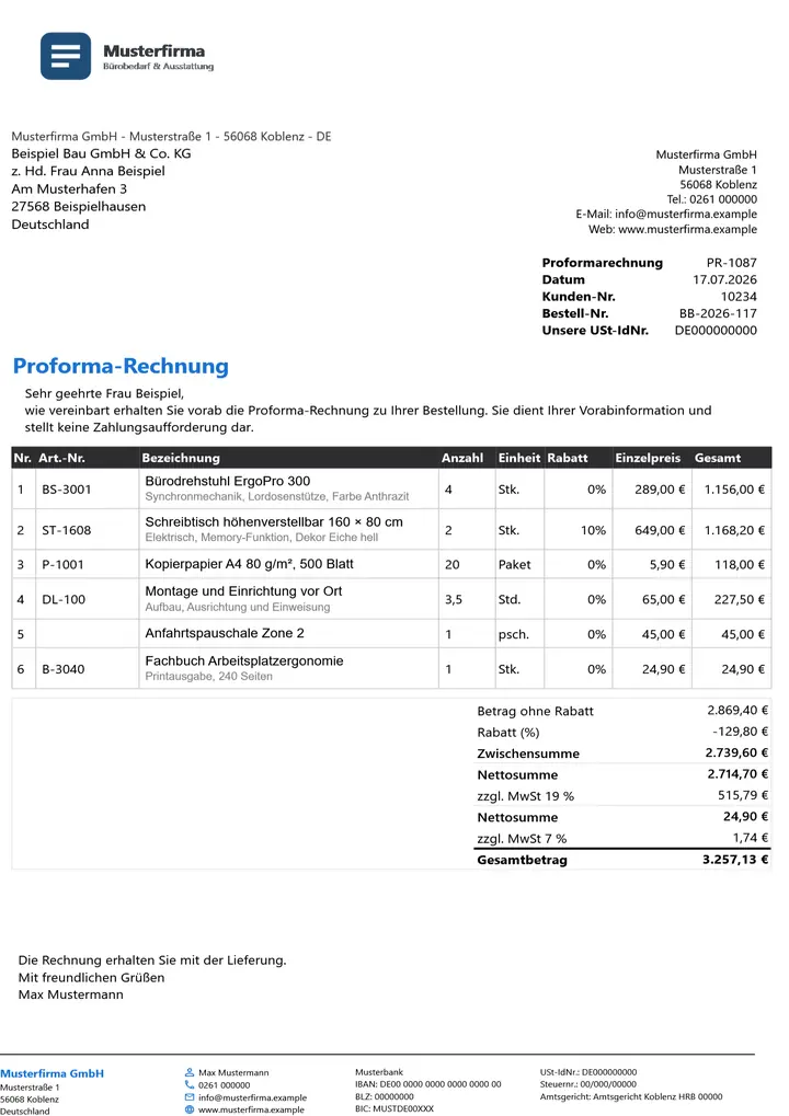 Muster Proforma-Rechnung im Design Dark, Seite 1, erzeugt mit OfficeOmni