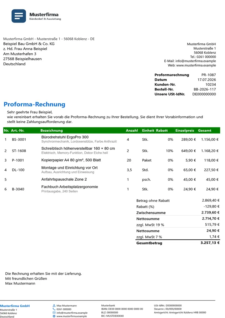 Muster Proforma-Rechnung im Design Green Akzent, Seite 1, erzeugt mit OfficeOmni