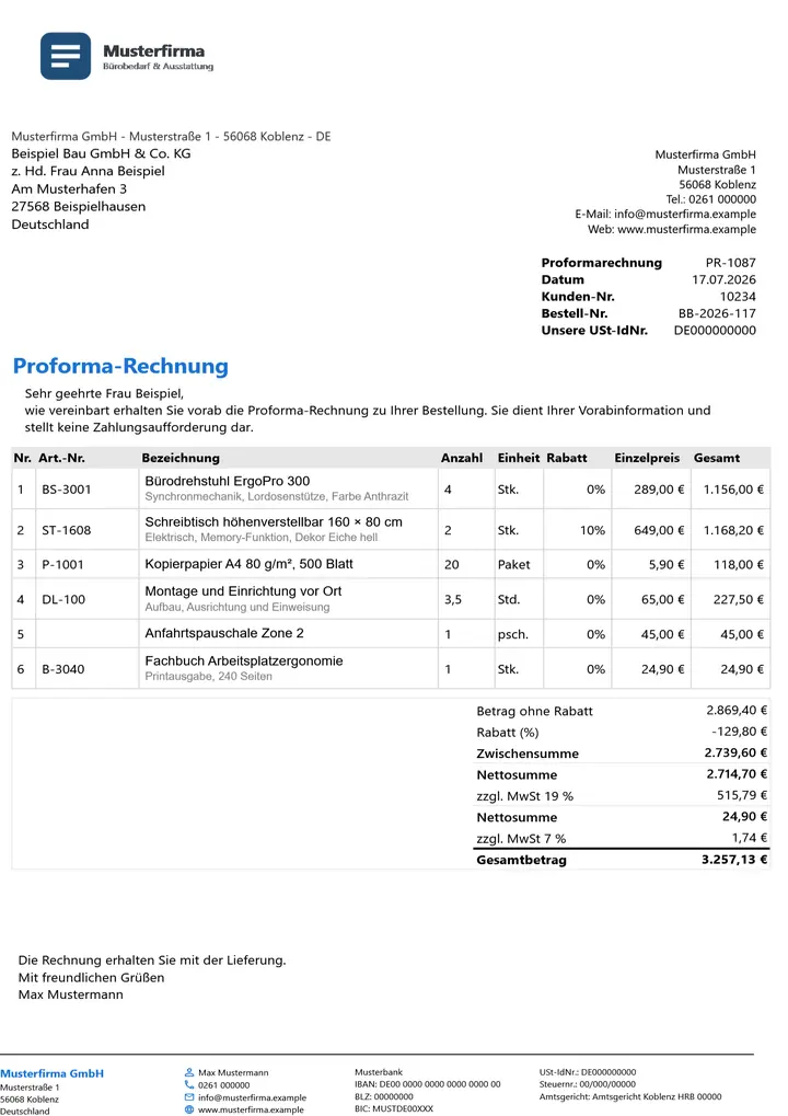 Muster Proforma-Rechnung im Design Minimal Grau, Seite 1, erzeugt mit OfficeOmni