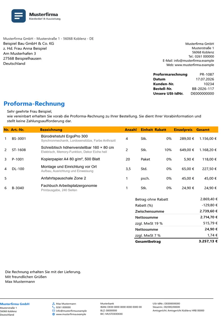 Muster Proforma-Rechnung im Design Orange Akzent, Seite 1, erzeugt mit OfficeOmni