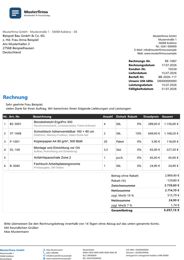 Rechnung im Design Dark, erzeugt mit OfficeOmni