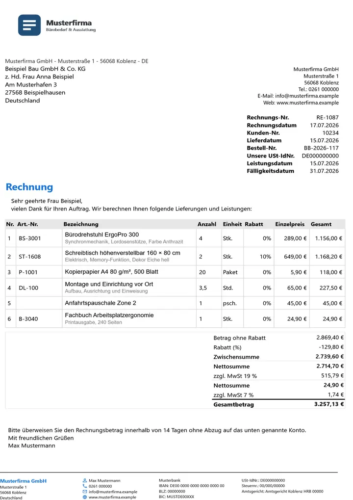 Rechnung im Design Minimal Grau, erzeugt mit OfficeOmni