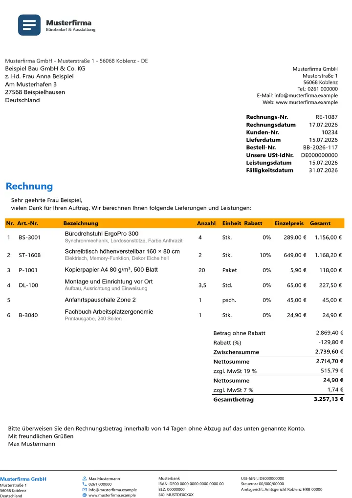 Rechnung im Design Orange Akzent, erzeugt mit OfficeOmni