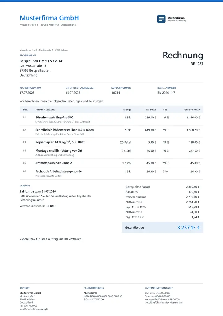 Rechnung im Design OfficeOmni Kontor, erzeugt mit OfficeOmni