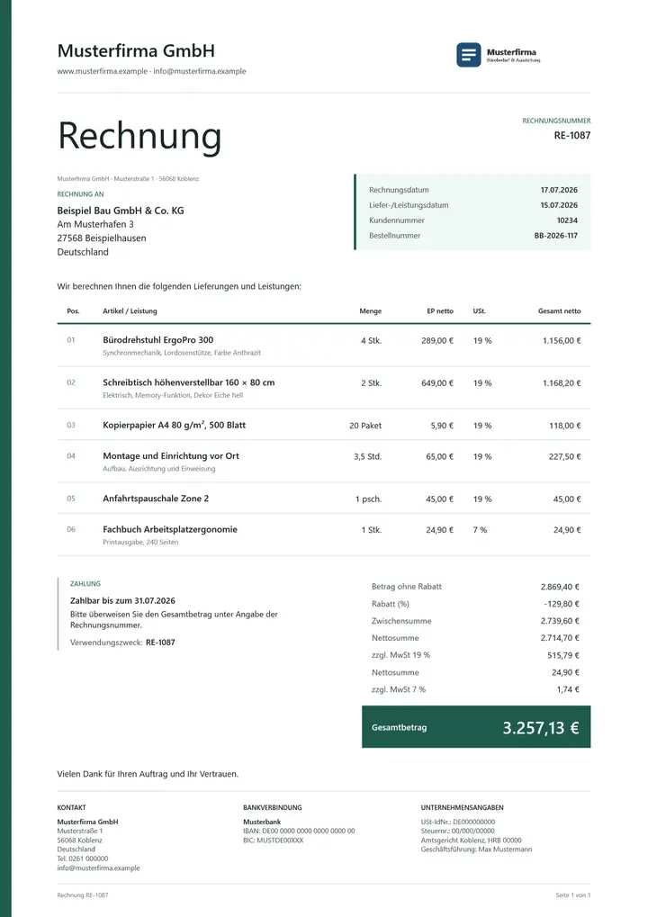 Rechnung im Design OfficeOmni Linie, erzeugt mit OfficeOmni