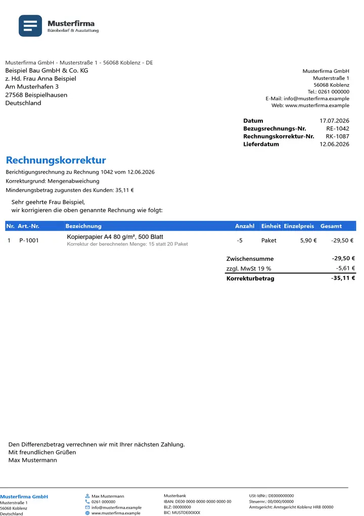 Muster Rechnungskorrektur im Design Business Blau, Seite 1, erzeugt mit OfficeOmni