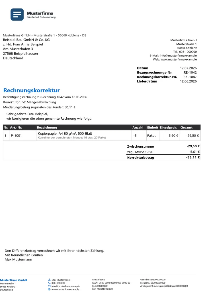 Muster Rechnungskorrektur im Design Dark, Seite 1, erzeugt mit OfficeOmni