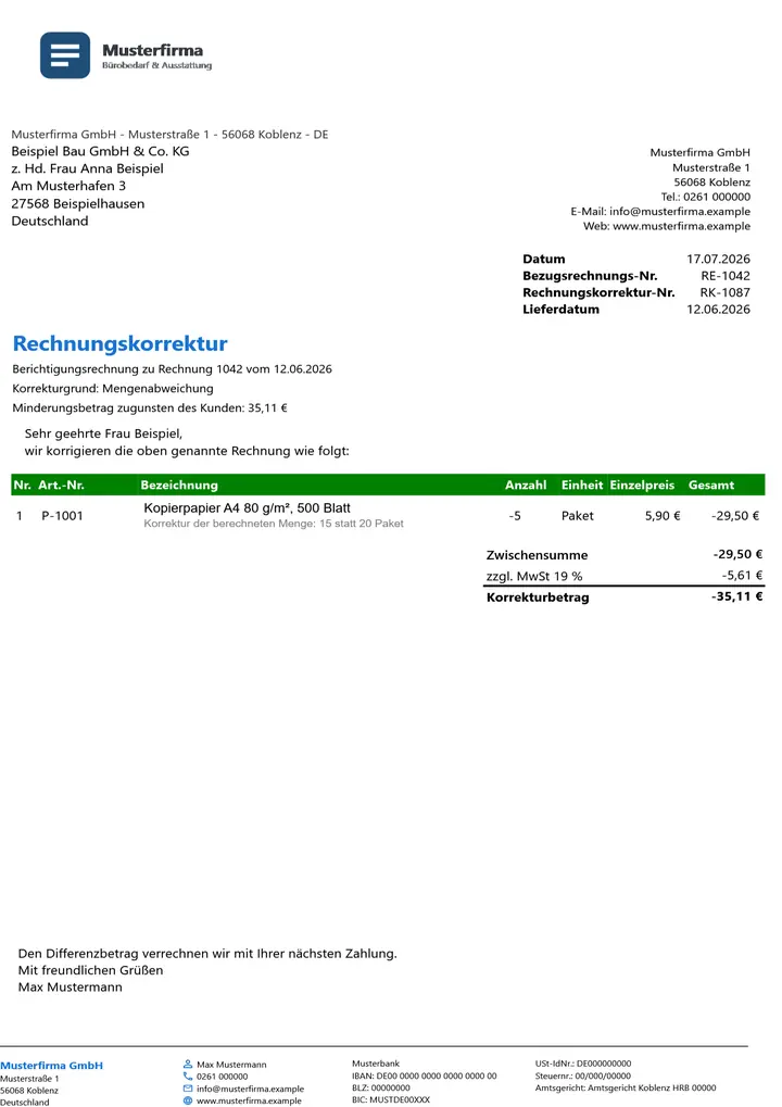 Muster Rechnungskorrektur im Design Green Akzent, Seite 1, erzeugt mit OfficeOmni