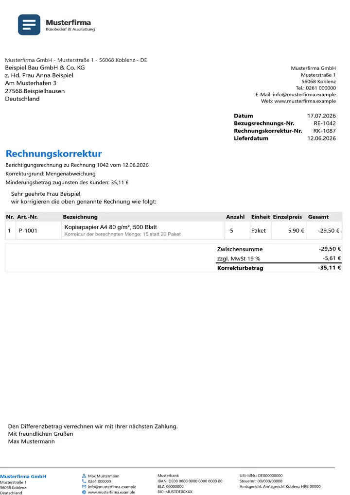 Muster Rechnungskorrektur im Design Minimal Grau, Seite 1, erzeugt mit OfficeOmni