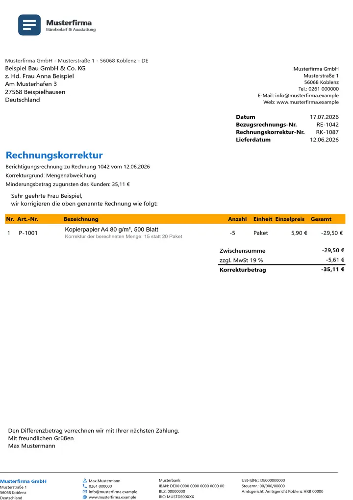 Muster Rechnungskorrektur im Design Orange Akzent, Seite 1, erzeugt mit OfficeOmni