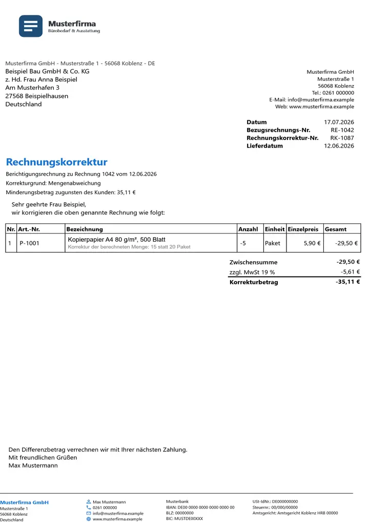 Muster Rechnungskorrektur im Design Standard, Seite 1, erzeugt mit OfficeOmni