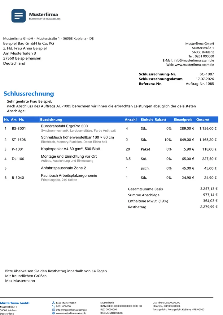 Muster Schlussrechnung im Design Business Blau, Seite 1, erzeugt mit OfficeOmni