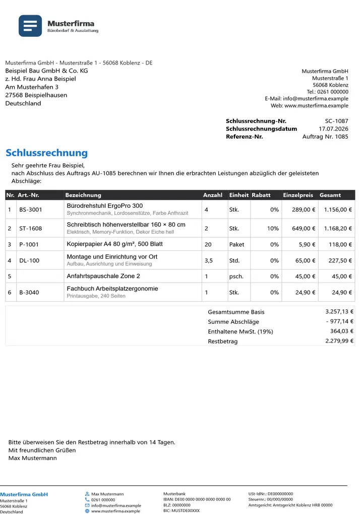 Muster Schlussrechnung im Design Dark, Seite 1, erzeugt mit OfficeOmni